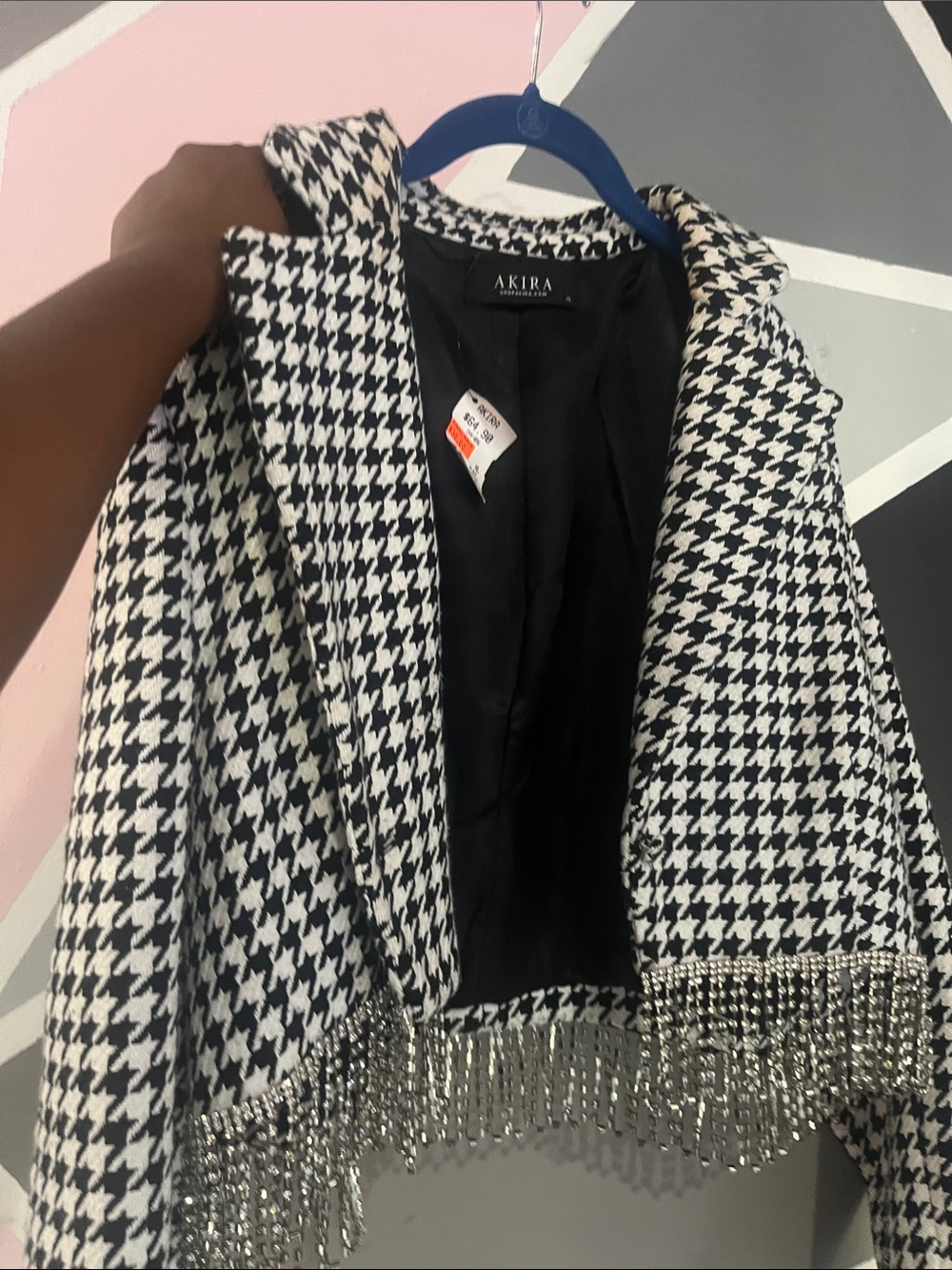 AKIRA Black & White Houndstooth Fringe Cropped Blazer